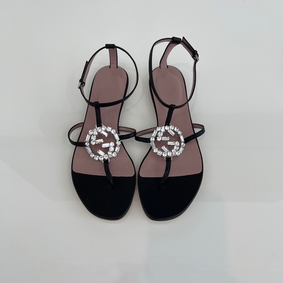 GUCCI BLACK LEATHER CRYSTAL GUCCI SANDALS SIZE IT 37 / US 7 NEW IN BOX! - Picture 6 of 17